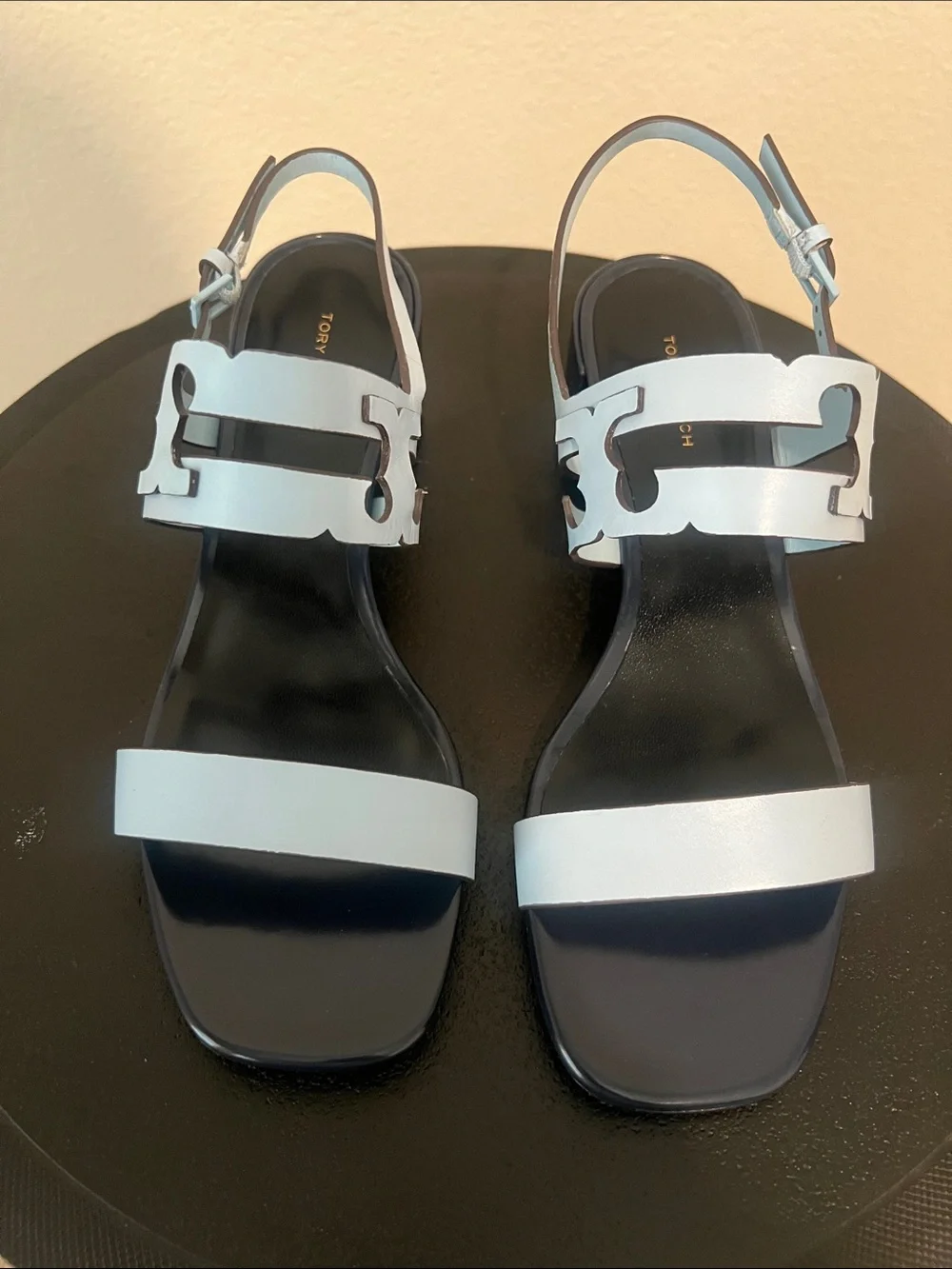 Tory Burch Ines Cage Heel Sandals 50mm Pale Lapis Perfect Navy Size 9 New